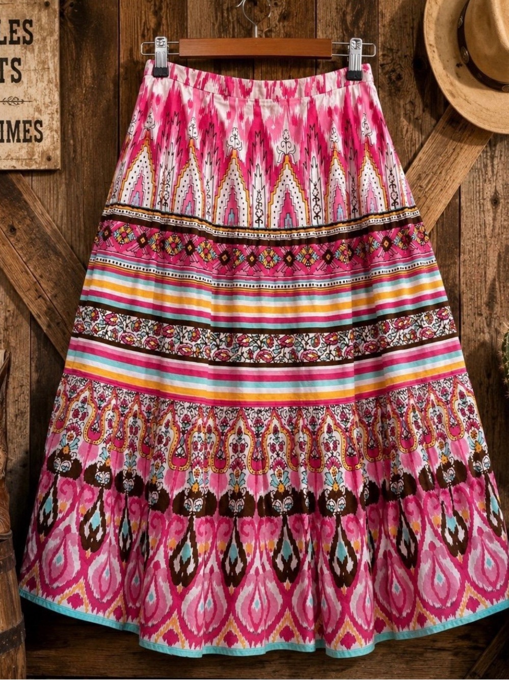 Harold’s Southwestern Boho Tiered Midi Skirt 4 Pink Ikat Festival Cottagecore